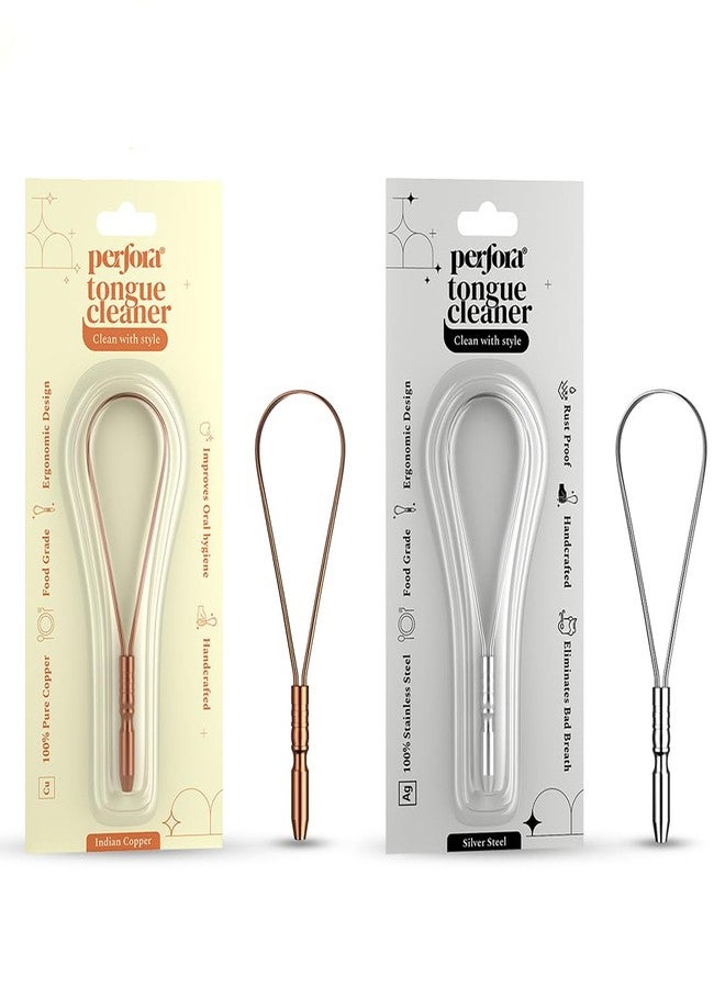 Perfora Copper & Silver Tongue Cleaner Combo for Men & Women | For Fresh Breath & Bacteria Removal | Improved Taste Sense & Oral Hygiene 100% Pure Indian Copper Tongue Scraper To Prevent Bad Breath - Image 1